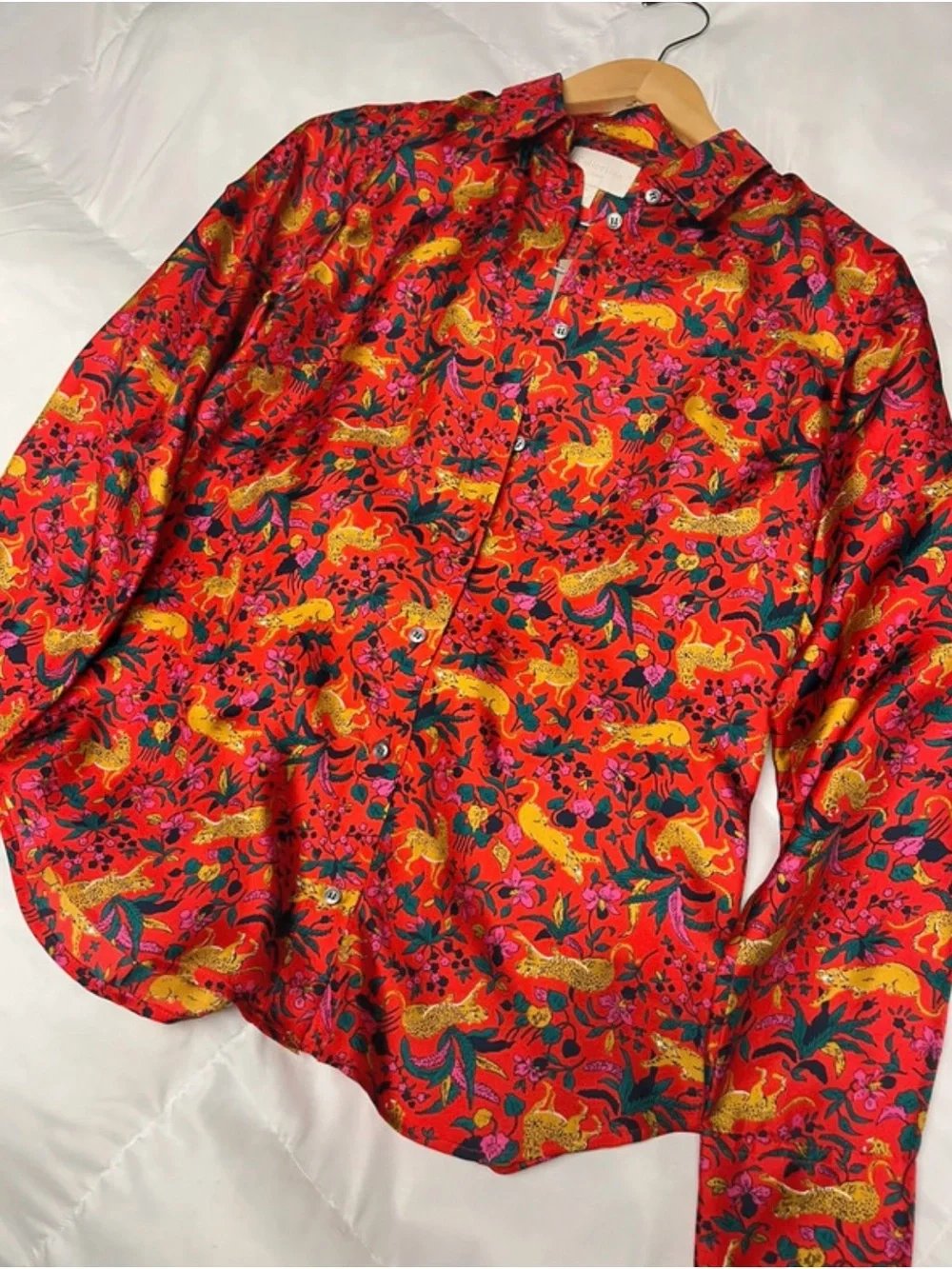 J. Crew Red Floral and Leopard Print Button-Up